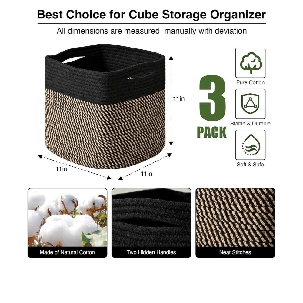 3 Pack Foldable 11 Inch Cube Storage Baskets Black Jute Closet Shelf Organizers